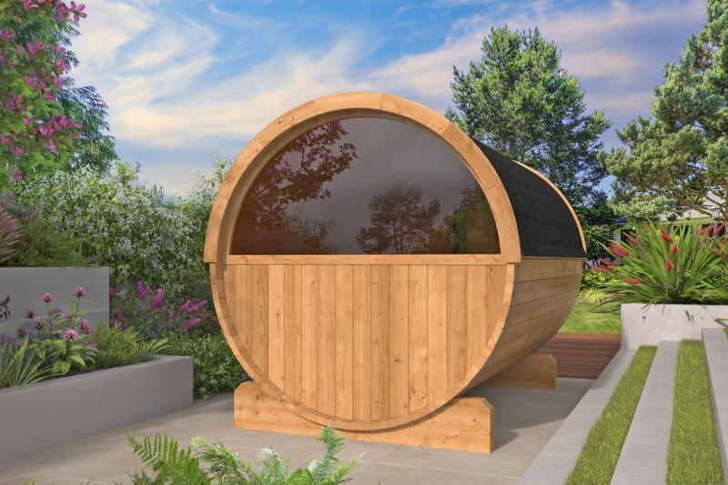 Fass-Sauna Thermoholz 3m mit 1/2 Panorama-Fenster