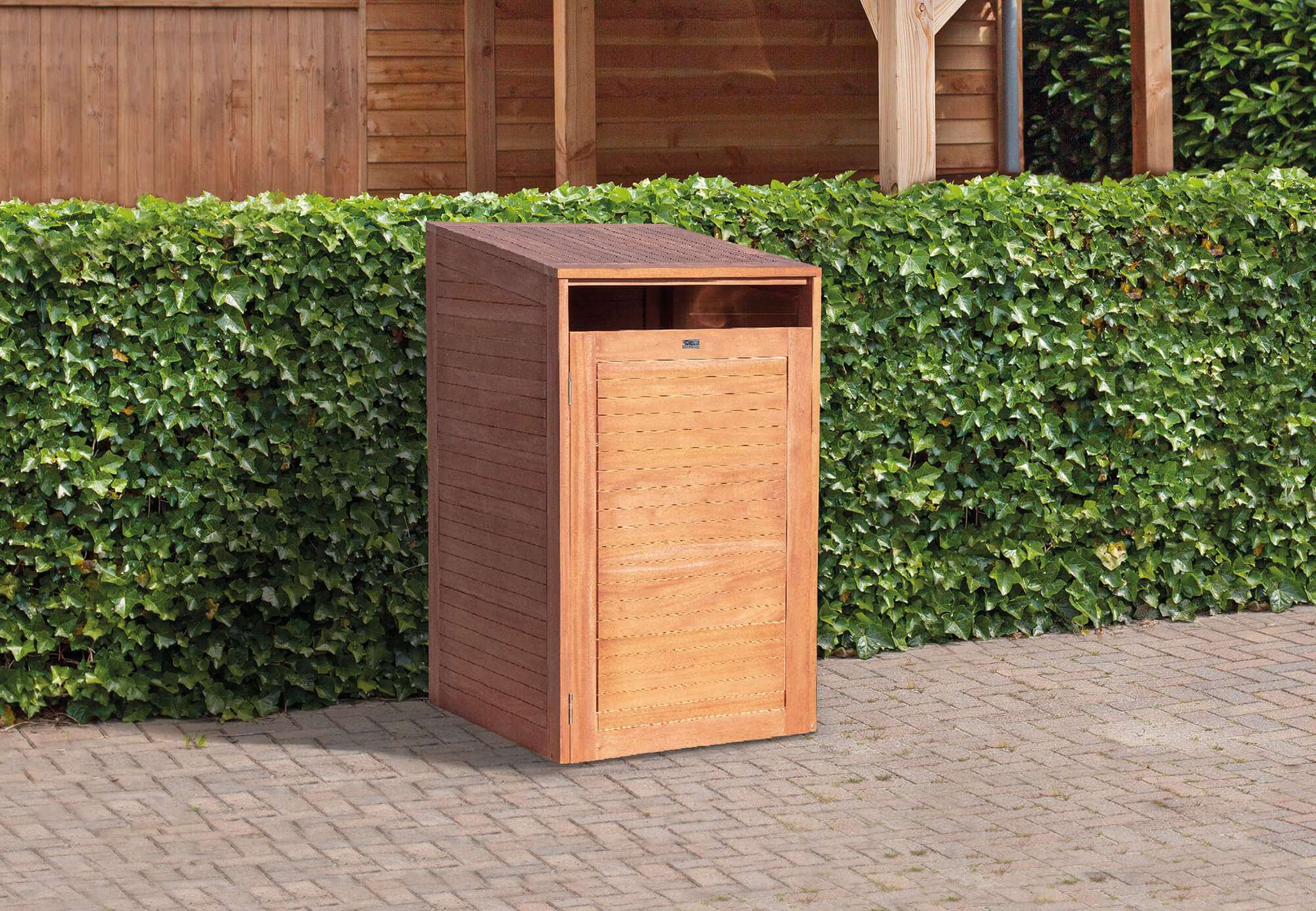 Mülltonnenbox einzeln aus geöltem Hartholz | 75 × 84 × 135 cm, Indonesien legal