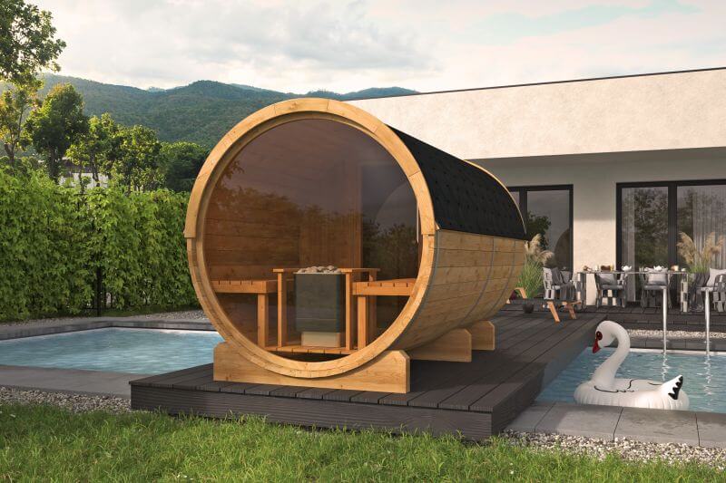 Fass-Sauna Thermoholz 3.50m mit Panorama-Fenster 